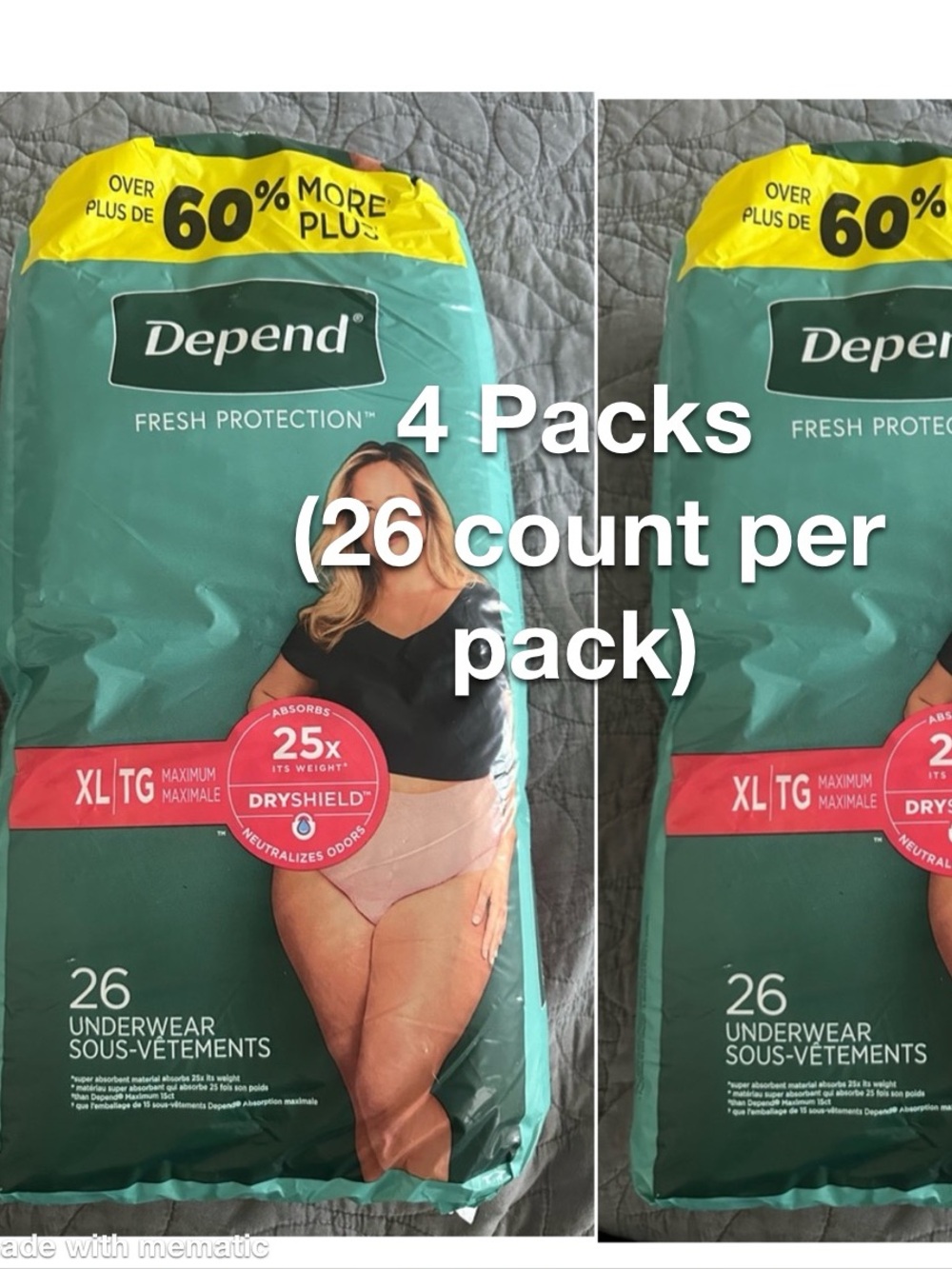 4 packs of Depend Fresh Protection XL Underwear - 26 count per pack